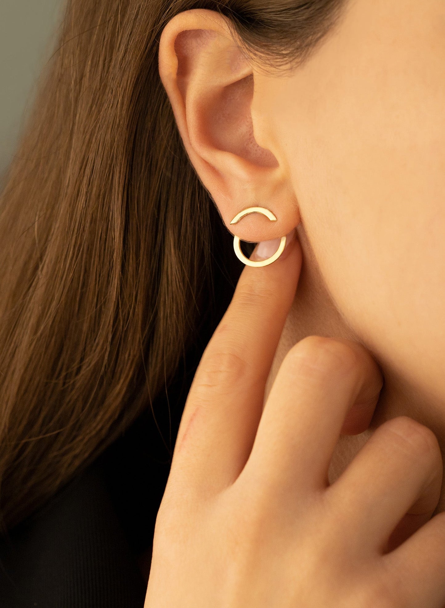 14K Solid Gold Circle Ear Jacket Earrings - Geometric Earrings