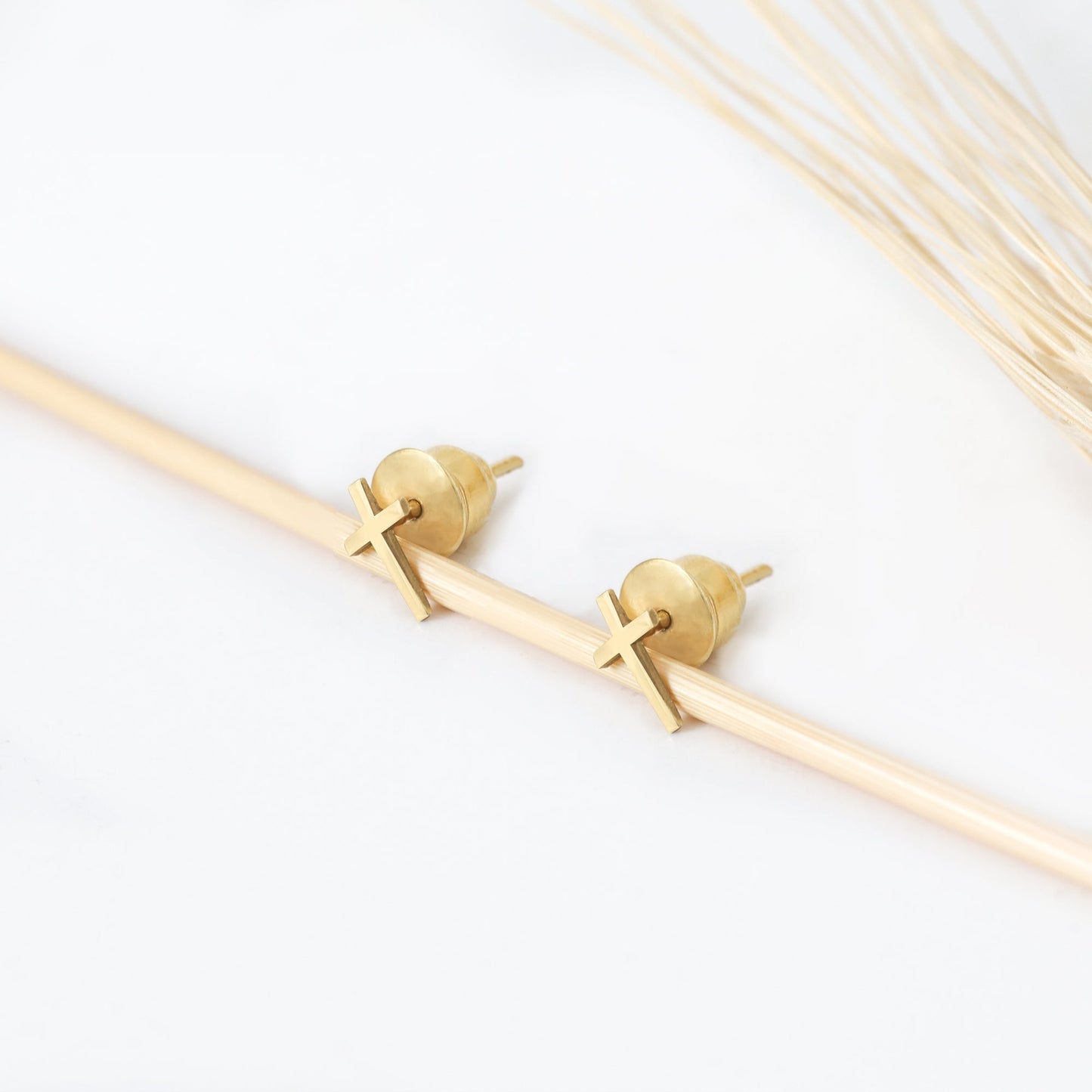 14K Solid Gold Tiny Cross Earrings