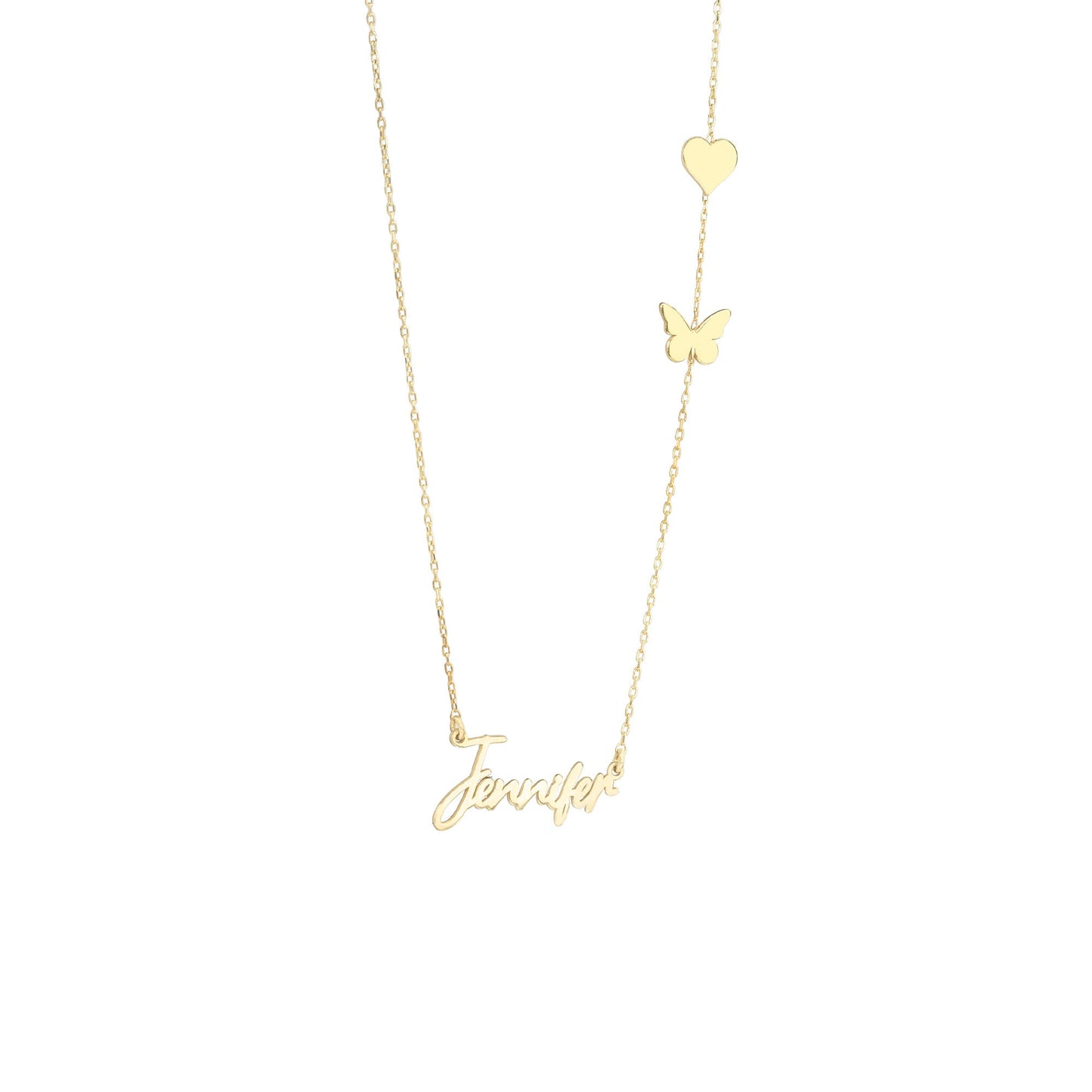 14K Solid Gold Personalized Name Necklace with Heart and Butterfly