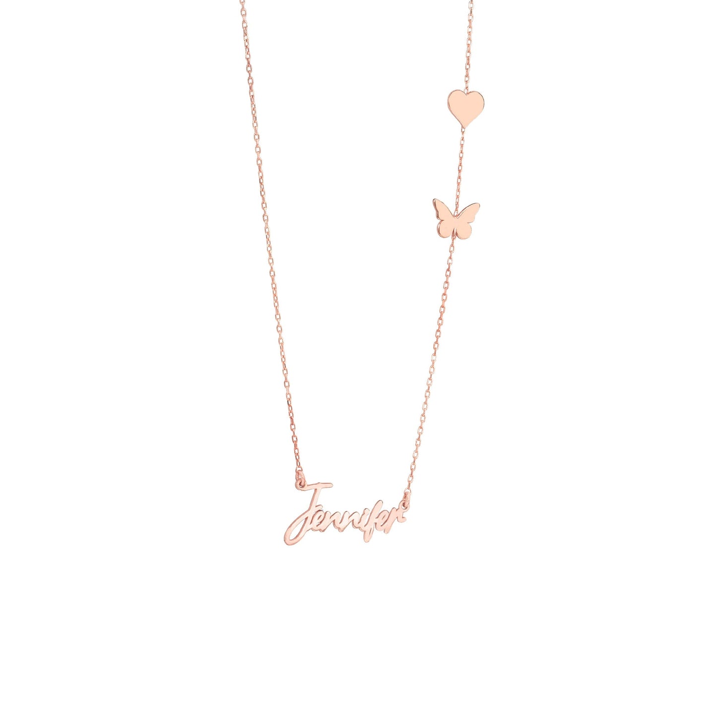 14K Solid Gold Personalized Name Necklace with Heart and Butterfly
