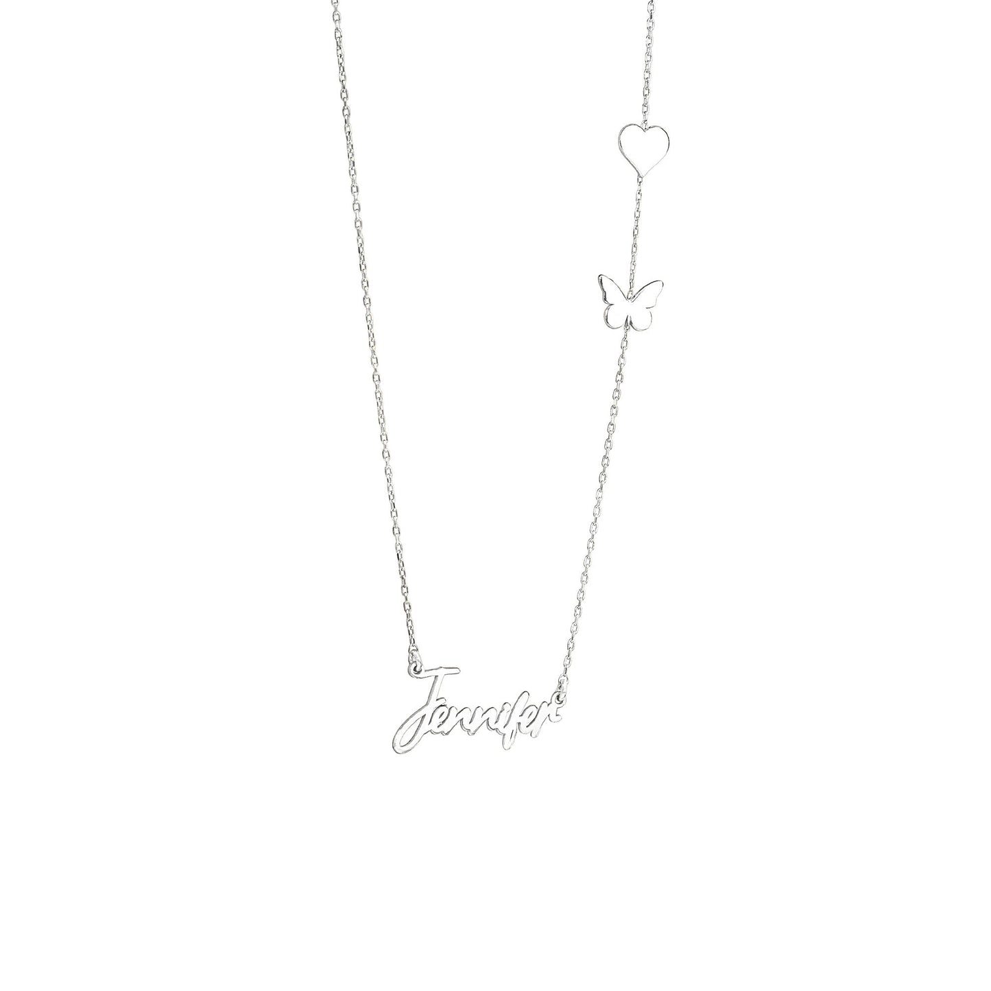 14K Solid Gold Personalized Name Necklace with Heart and Butterfly