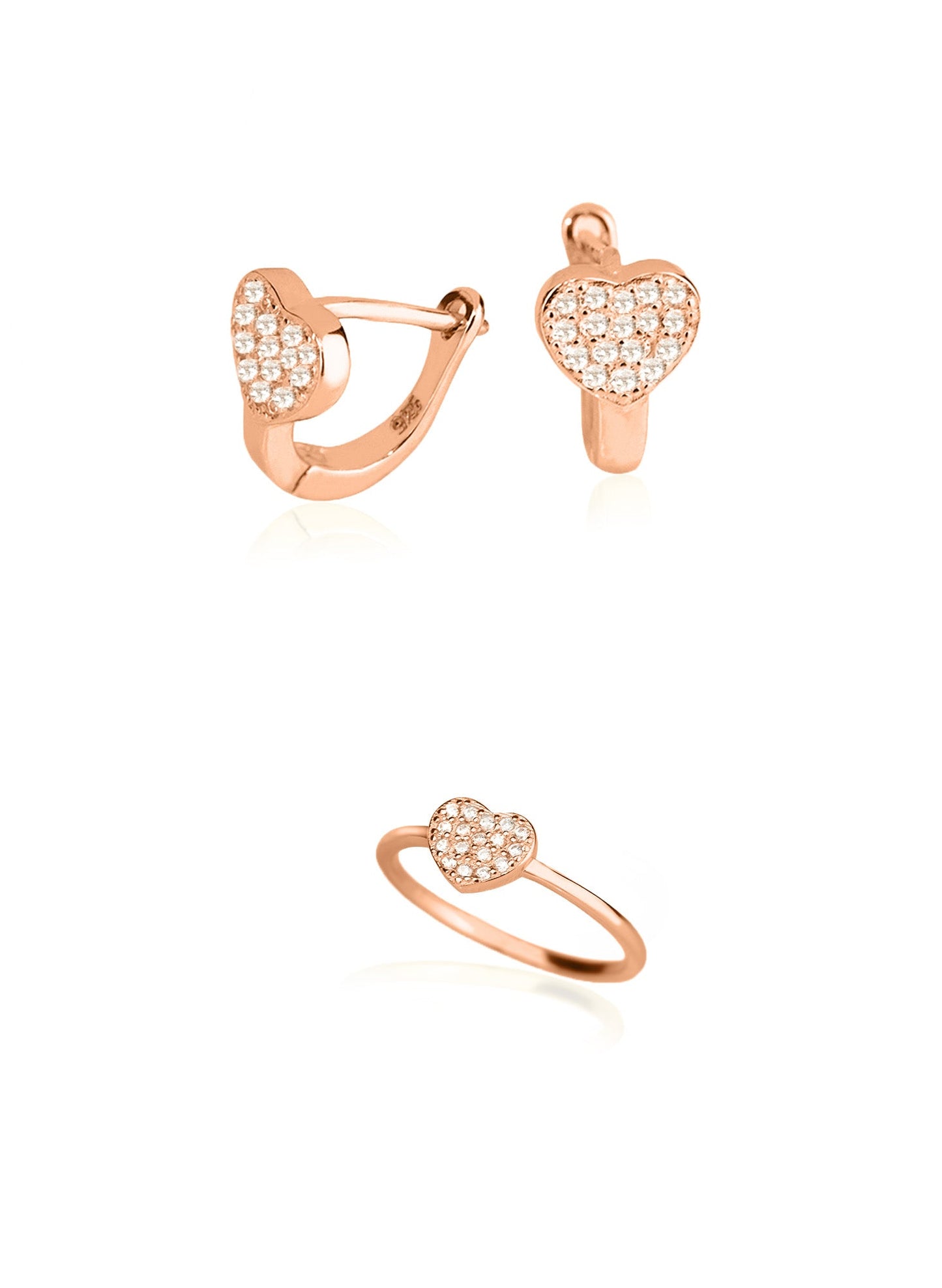 925 Sterling Silver Diamond Heart Shape Set 2 Pieces: Ring & Earrings