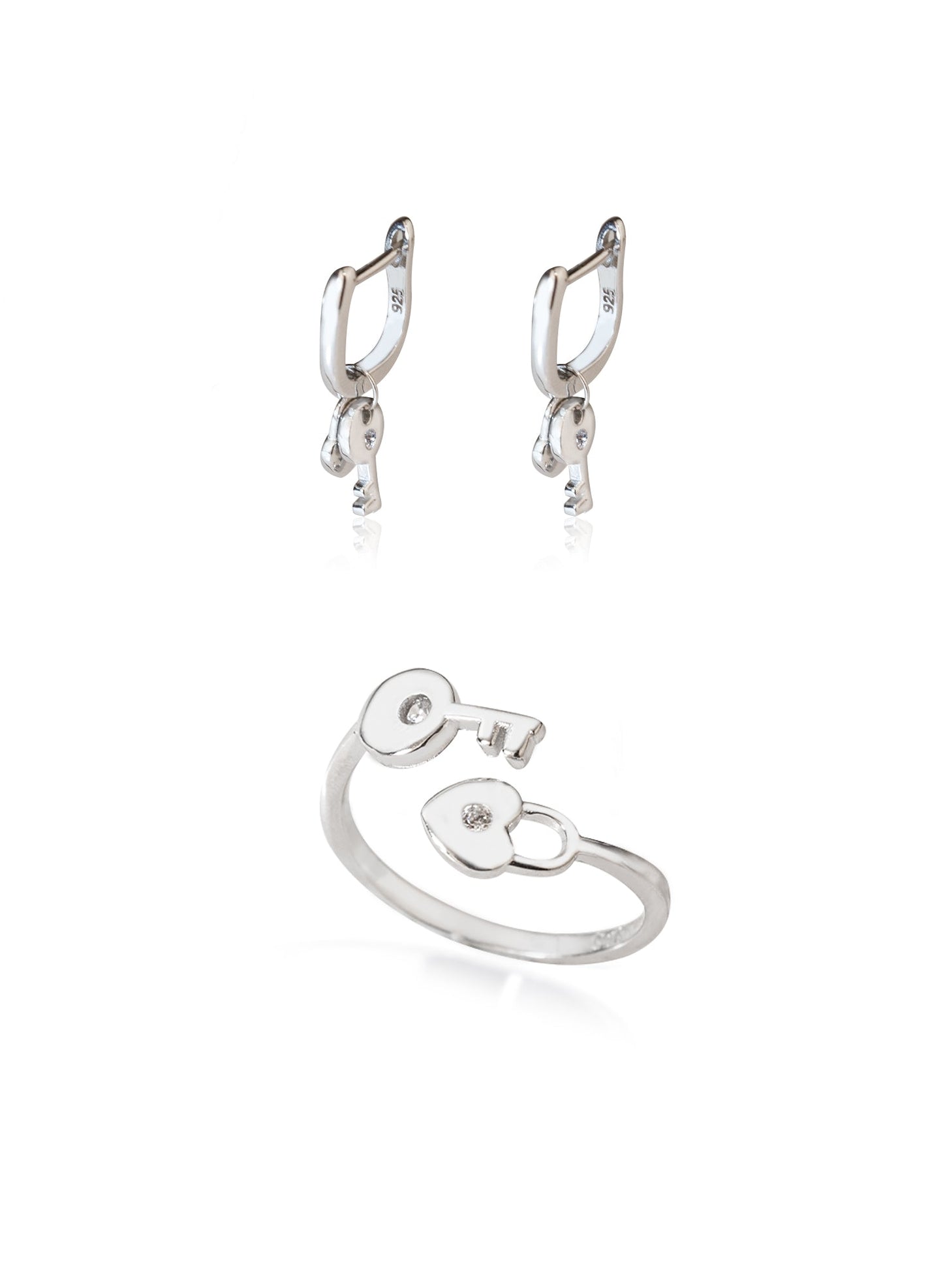 925 Sterling Silver Keyed Heart Locked Shape Set 2 Pieces: Ring & Earrings