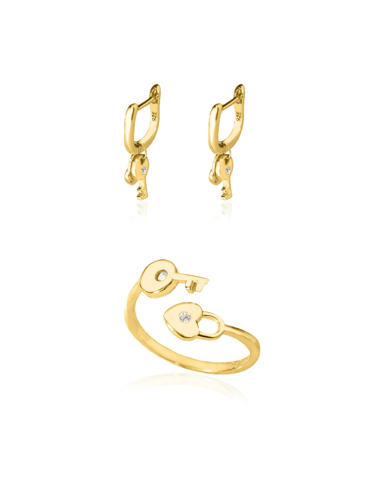 925 Sterling Silver Keyed Heart Locked Shape Set 2 Pieces: Ring & Earrings
