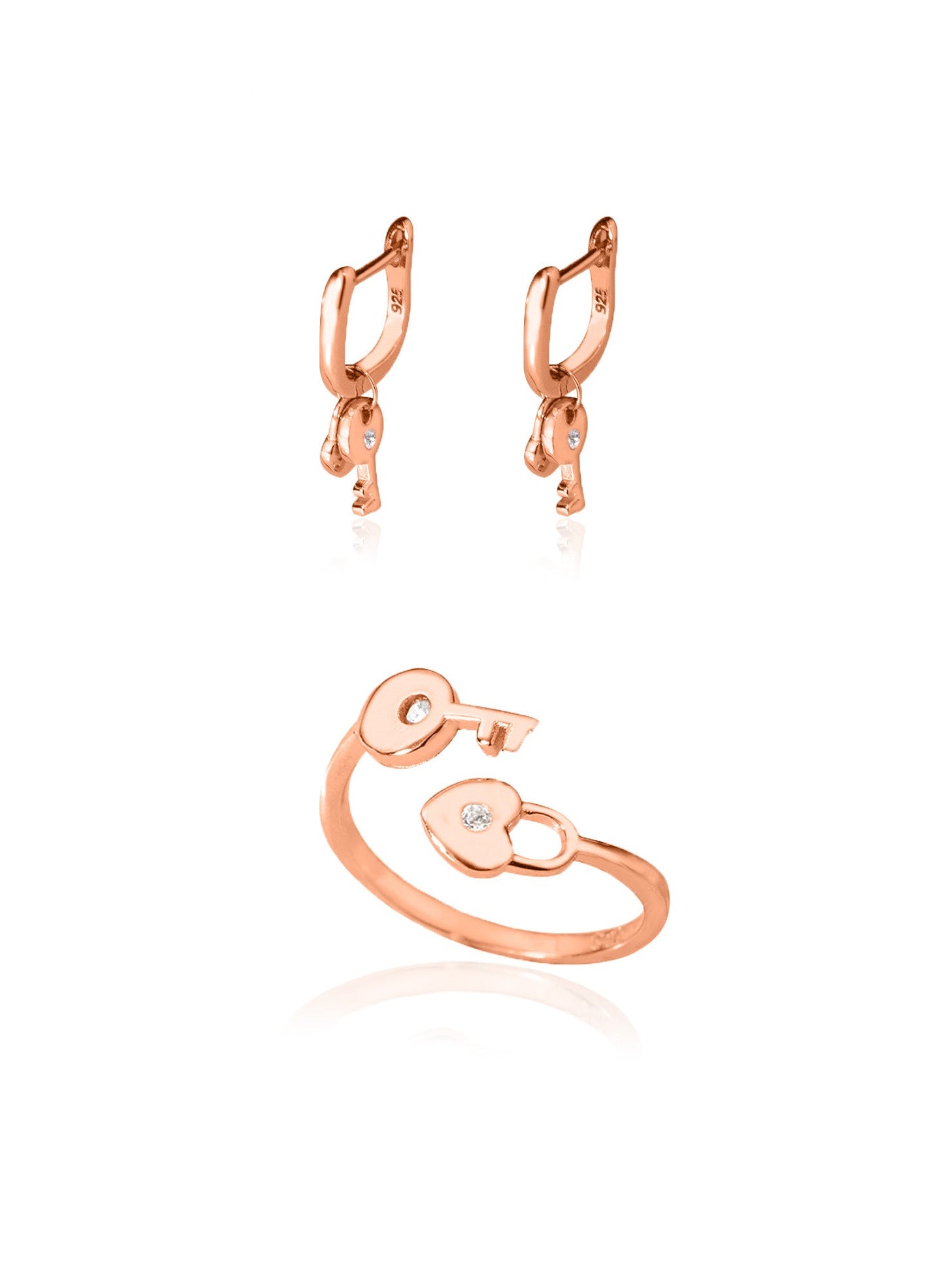 925 Sterling Silver Keyed Heart Locked Shape Set 2 Pieces: Ring & Earrings