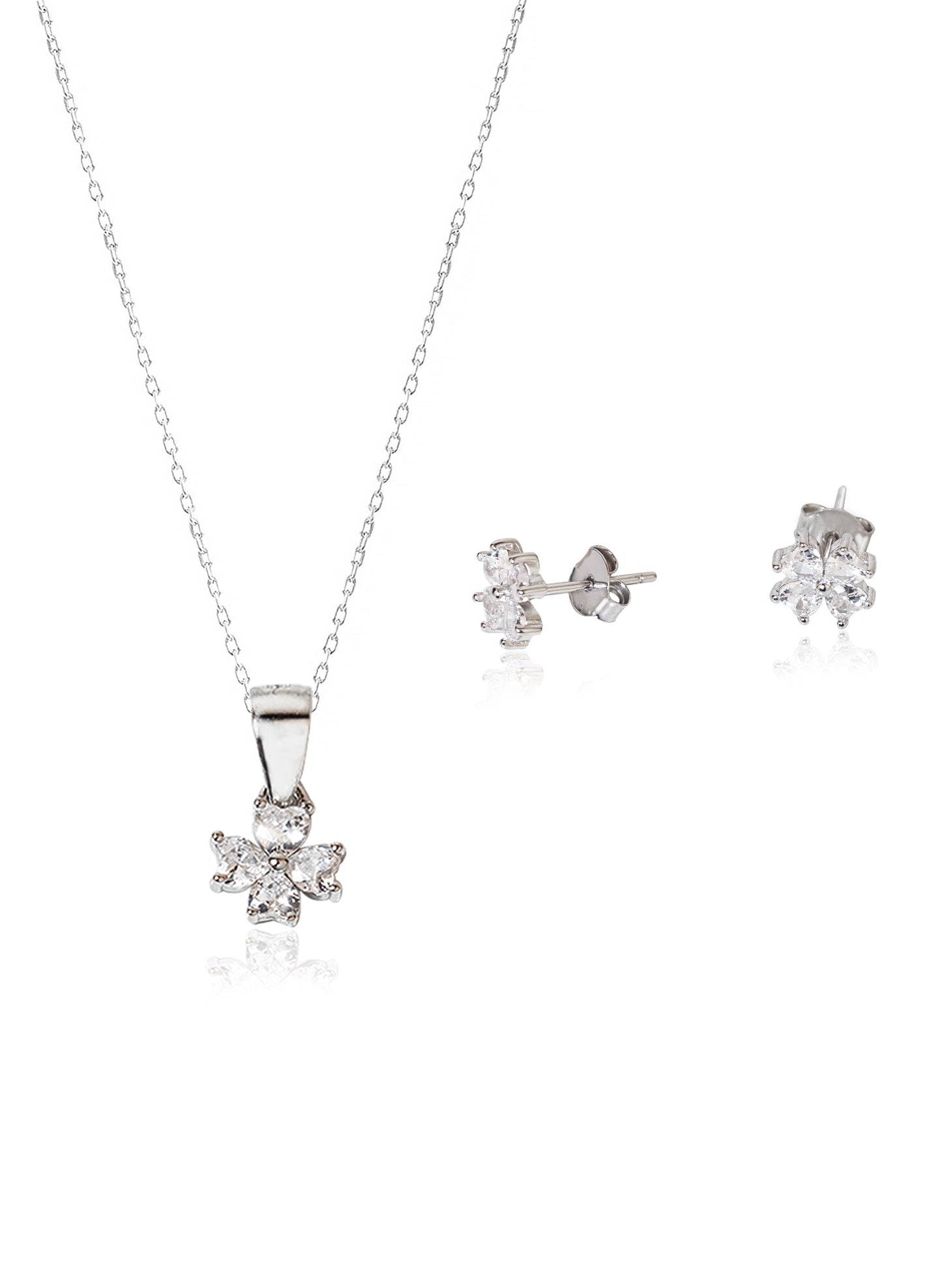 925 Sterling Silver Clover Diamond Shape Set 2 Pieces: Necklace & Earrings