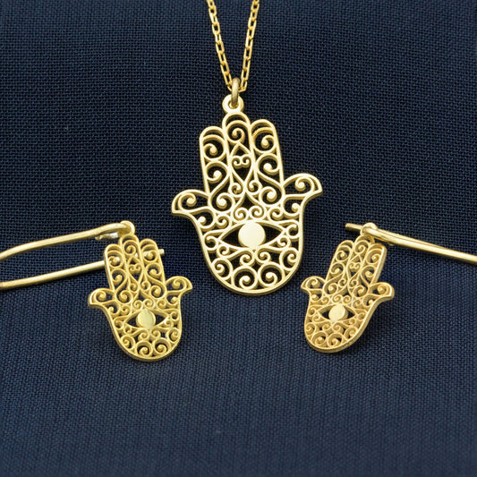 925 Sterling Silver Hand of Hamsa Necklace and Earrings Set