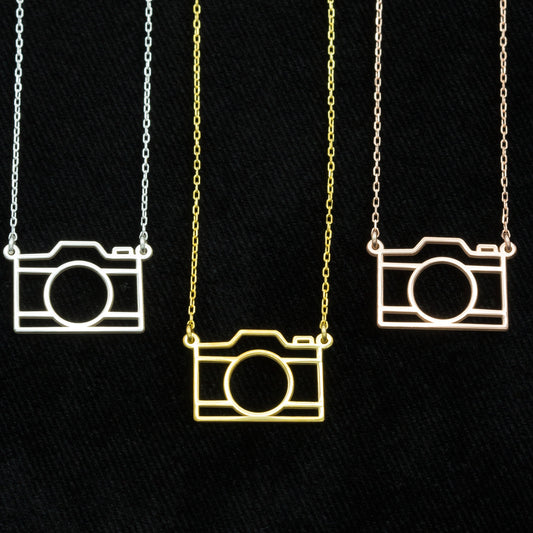14K Solid Gold Origami Camera Necklace