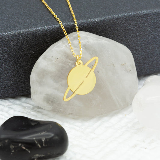 14K Solid Gold Saturn Planet Necklace