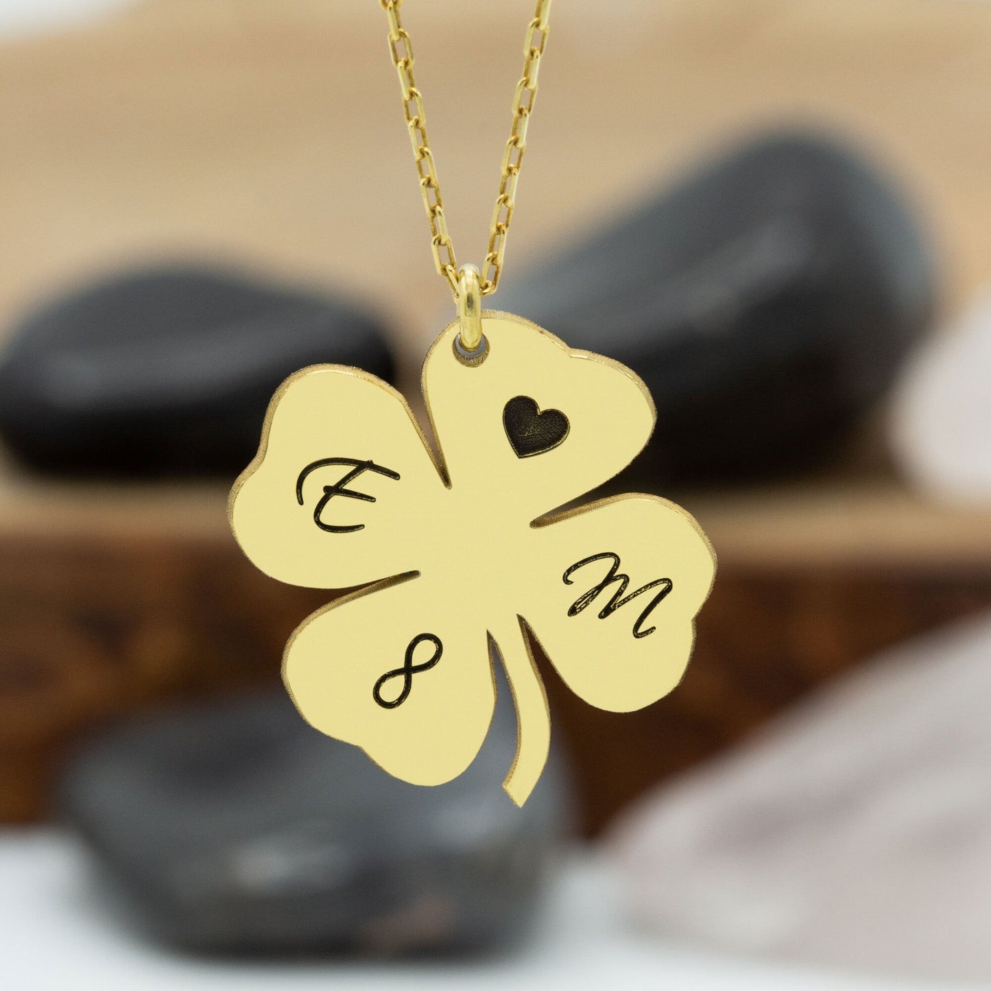 14K Solid Gold Four Leaf Clover Shamrock Necklace