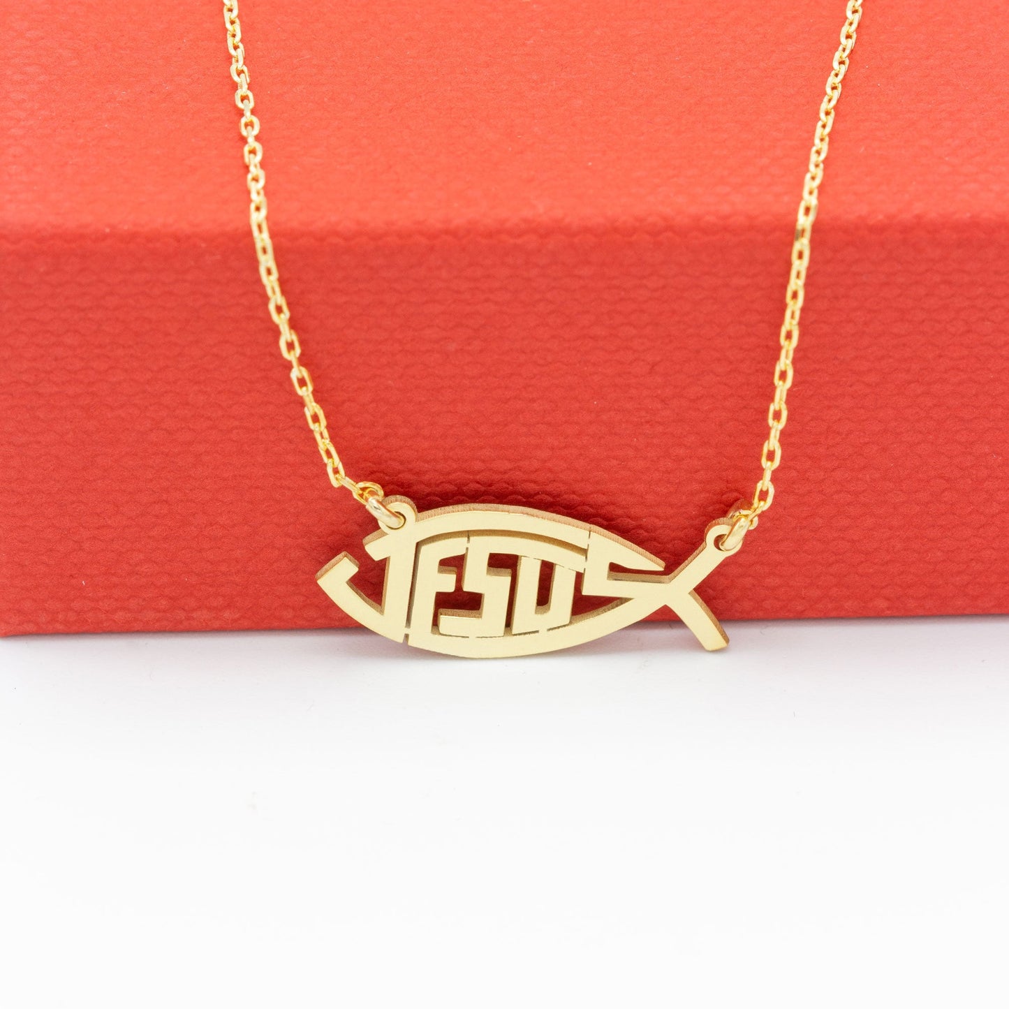 14K Solid Gold Ihthis Jesus Necklace