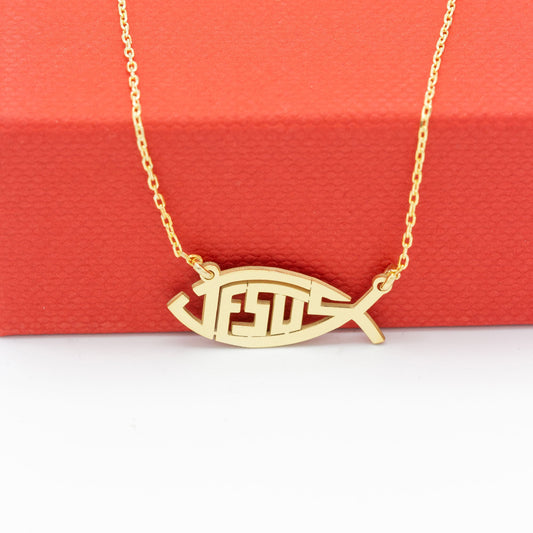 14K Solid Gold Ihthis Jesus Necklace