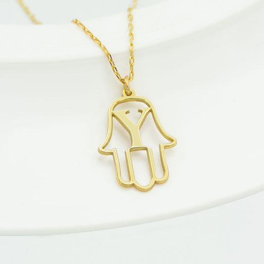 925 Sterling Silver Hand of Hamsa Initial Necklace