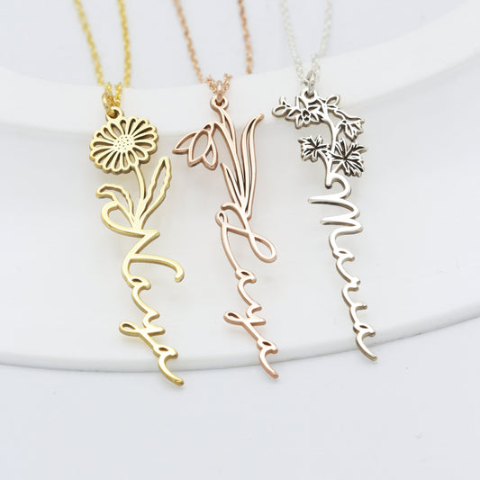 925 Sterling Silver Dainty Birth Flower Name Necklace