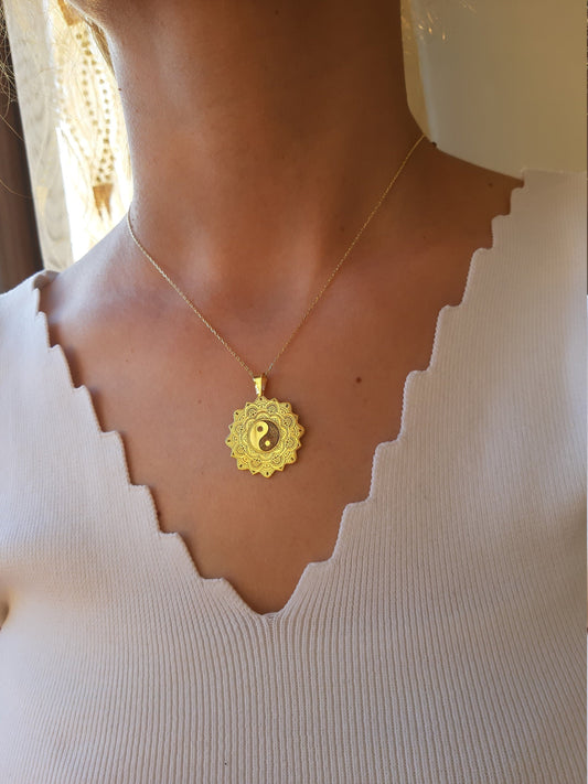 925 Sterling Silver Life Of Flower Mandala with Yin Yang Necklace - Taoism Jewelry