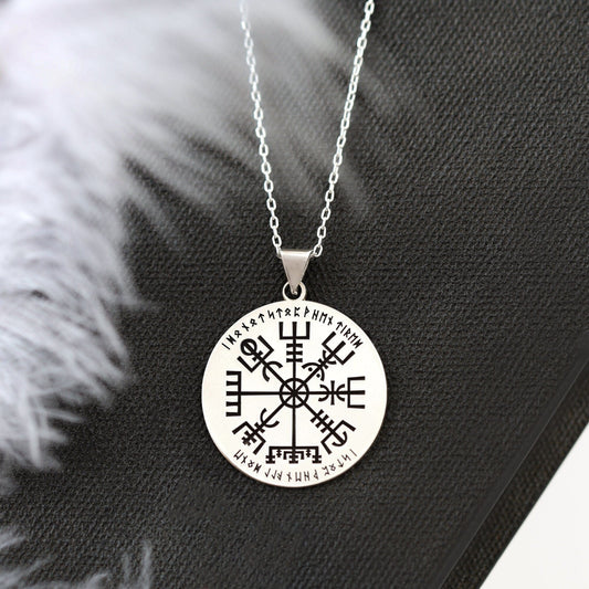 925 Sterling Silver Nordic Name Vegvisir Rune Necklace - Vikings Amulet