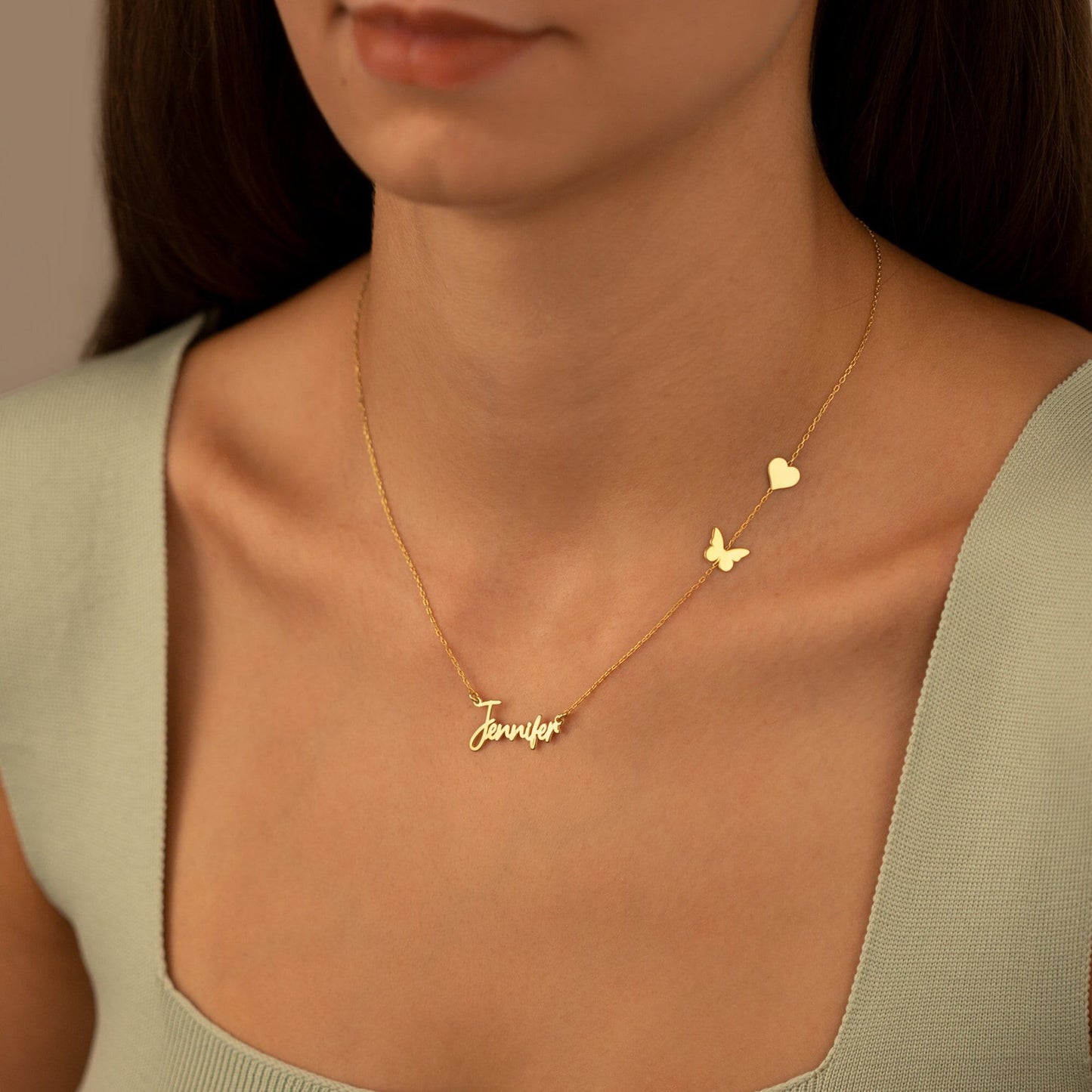 14K Solid Gold Personalized Name Necklace with Heart and Butterfly