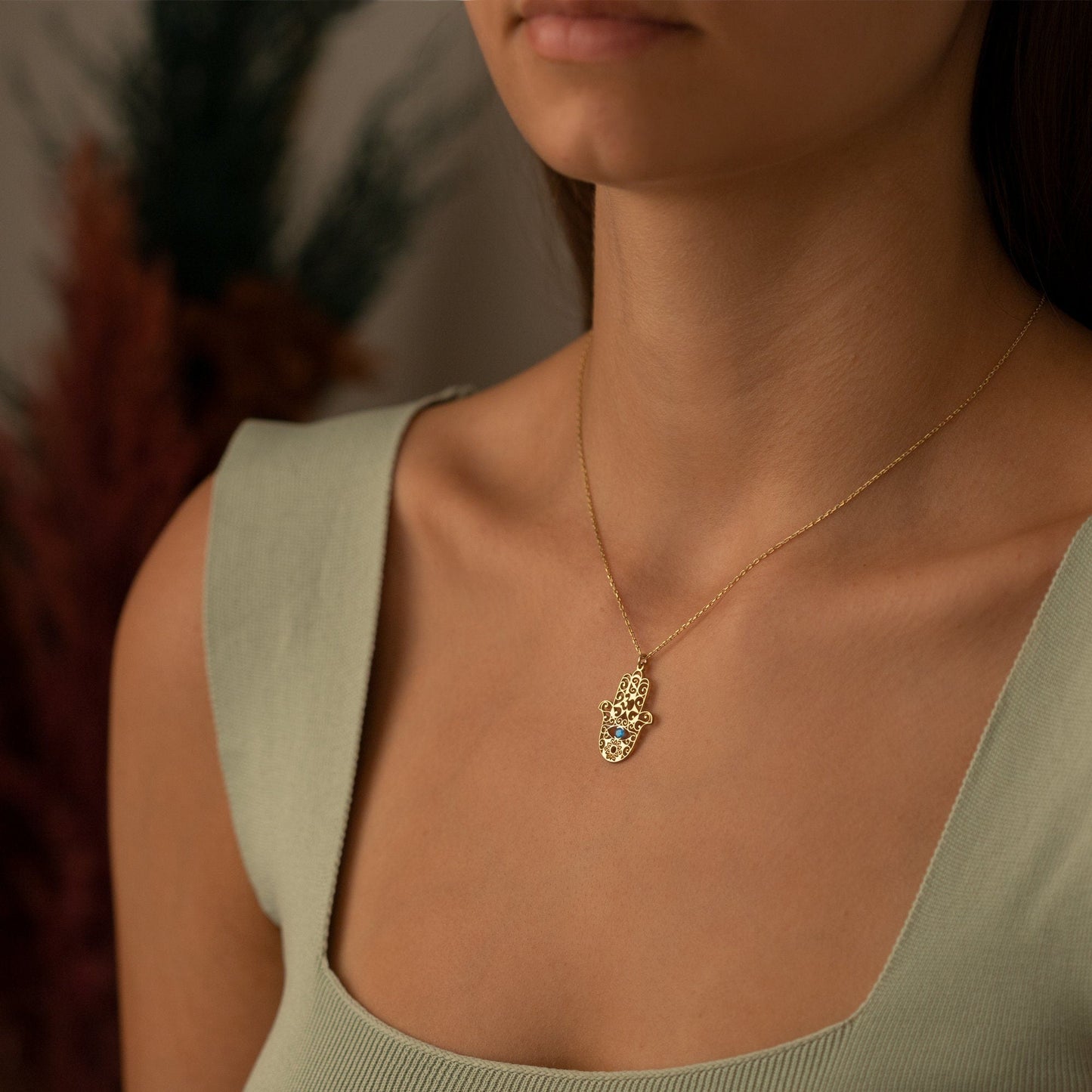 14K Solid Gold Hand of Fatima With Birthstones Necklace