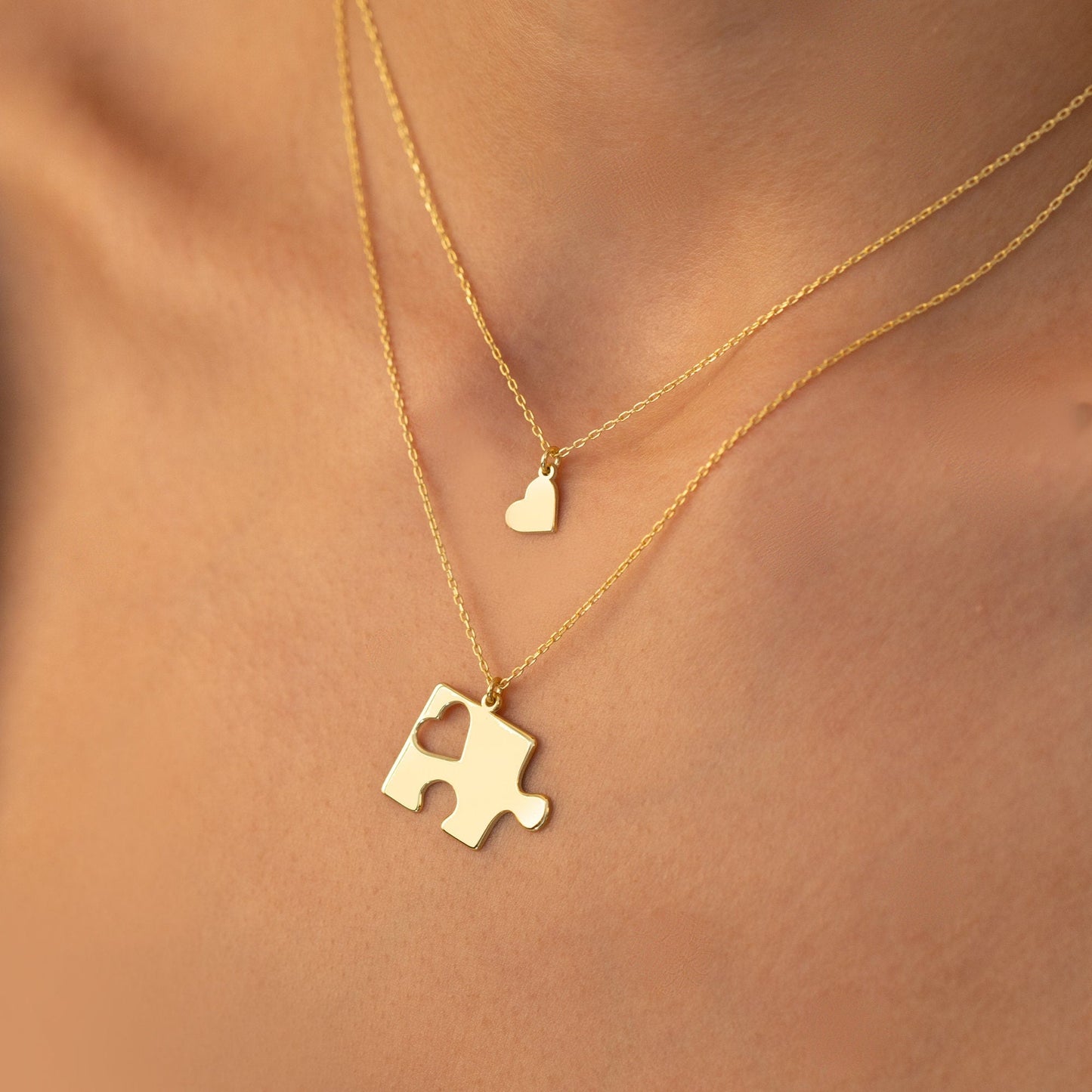 925 Sterling Silver Couple Puzzle and Heart Necklace
