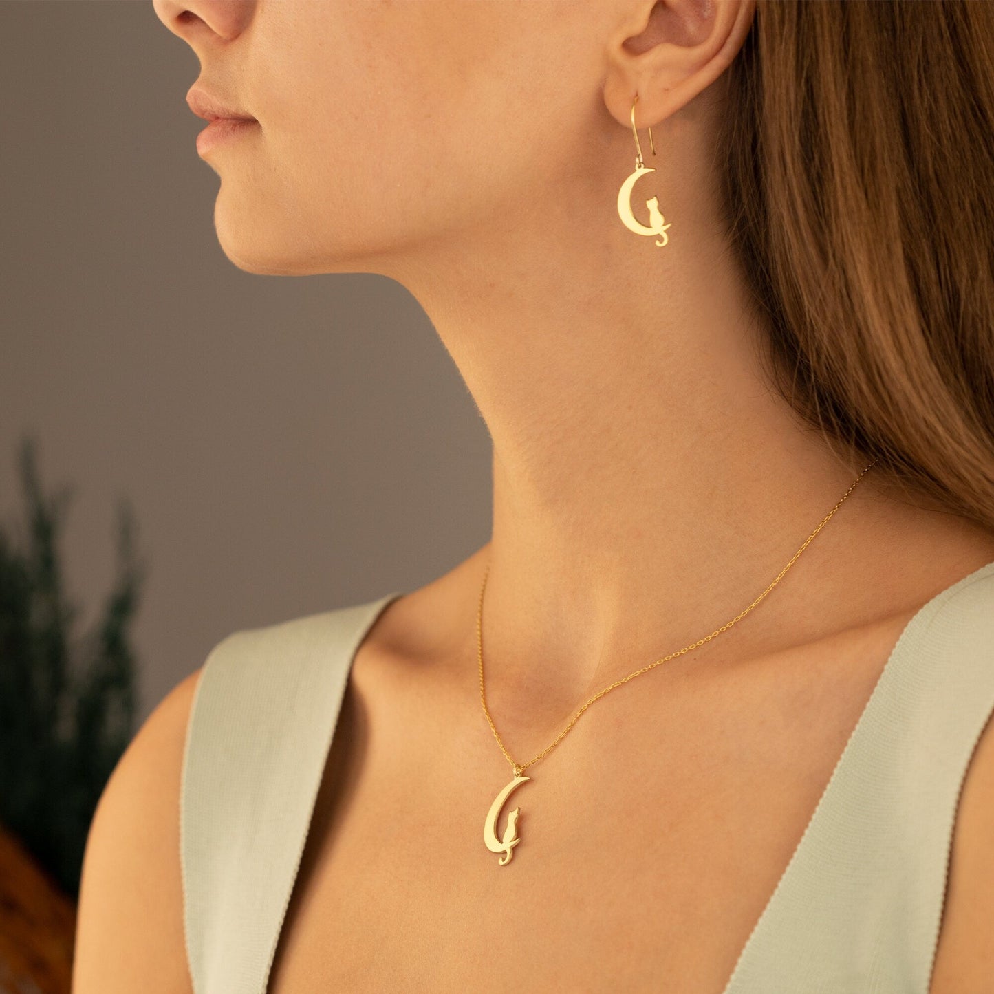 14K Solid Gold Cat Moon Necklace