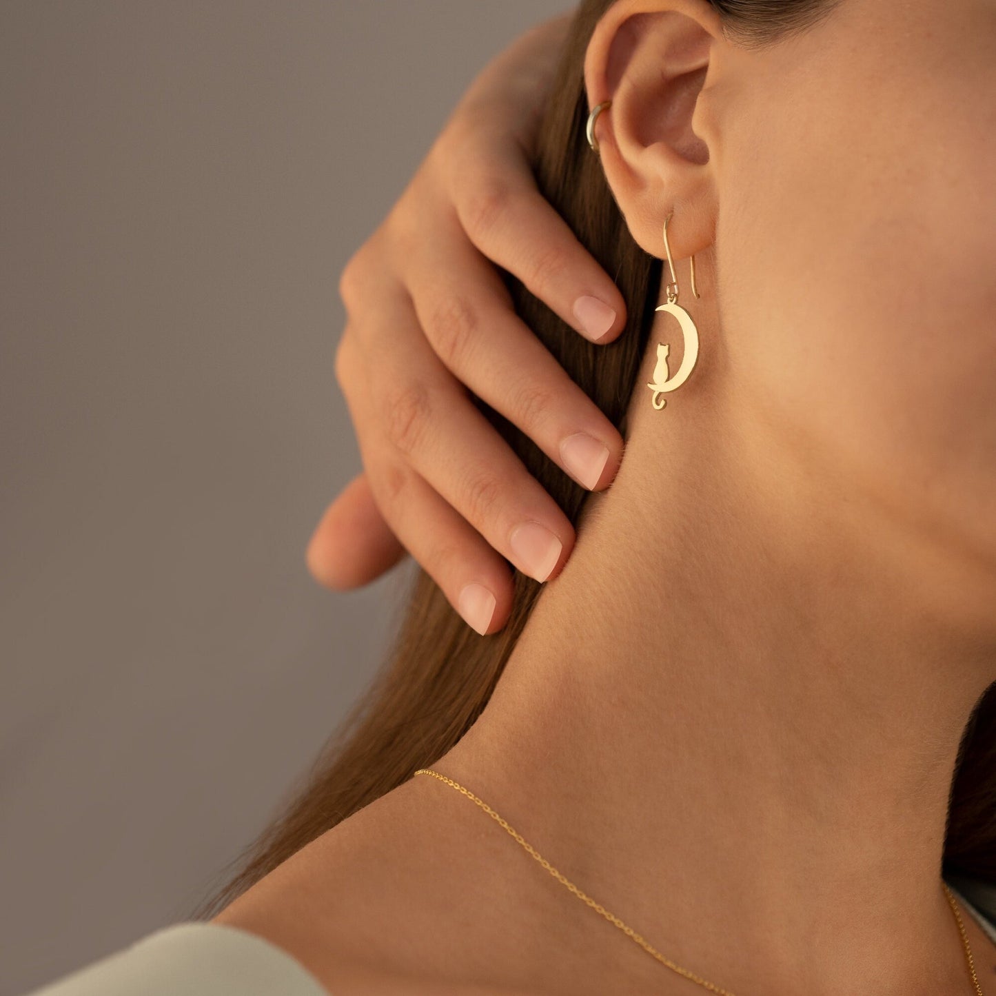 14K Solid Gold Cat Moon Drop Earrings - Cat Jewelry