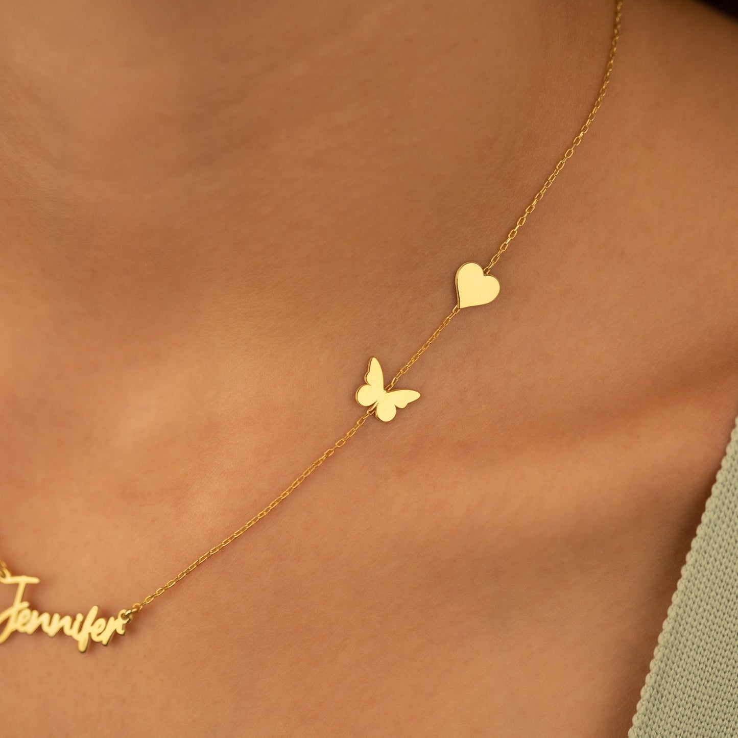 14K Solid Gold Personalized Name Necklace with Heart and Butterfly