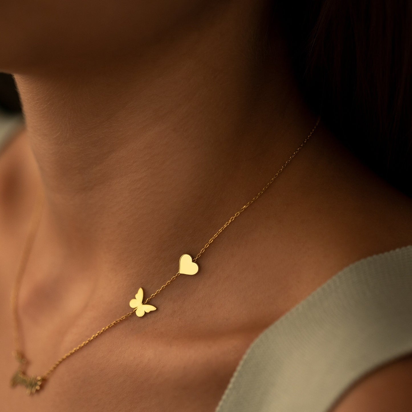 14K Solid Gold Personalized Name Necklace with Heart and Butterfly