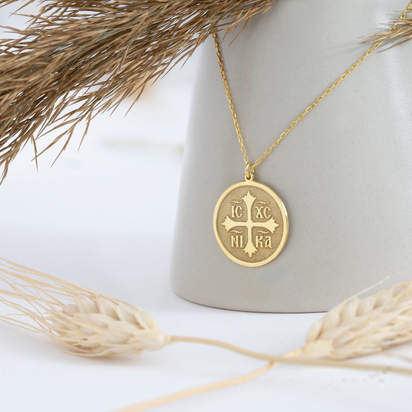 14K Solid Gold Christian Eastern Orthodox Cross Necklace -  IC XC NIKA Cross Necklace