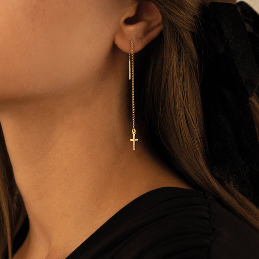 925 Sterling Silver Threader Cross Earring