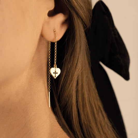 925 Sterling Silver Threader Hollow Cross With Heart Earring