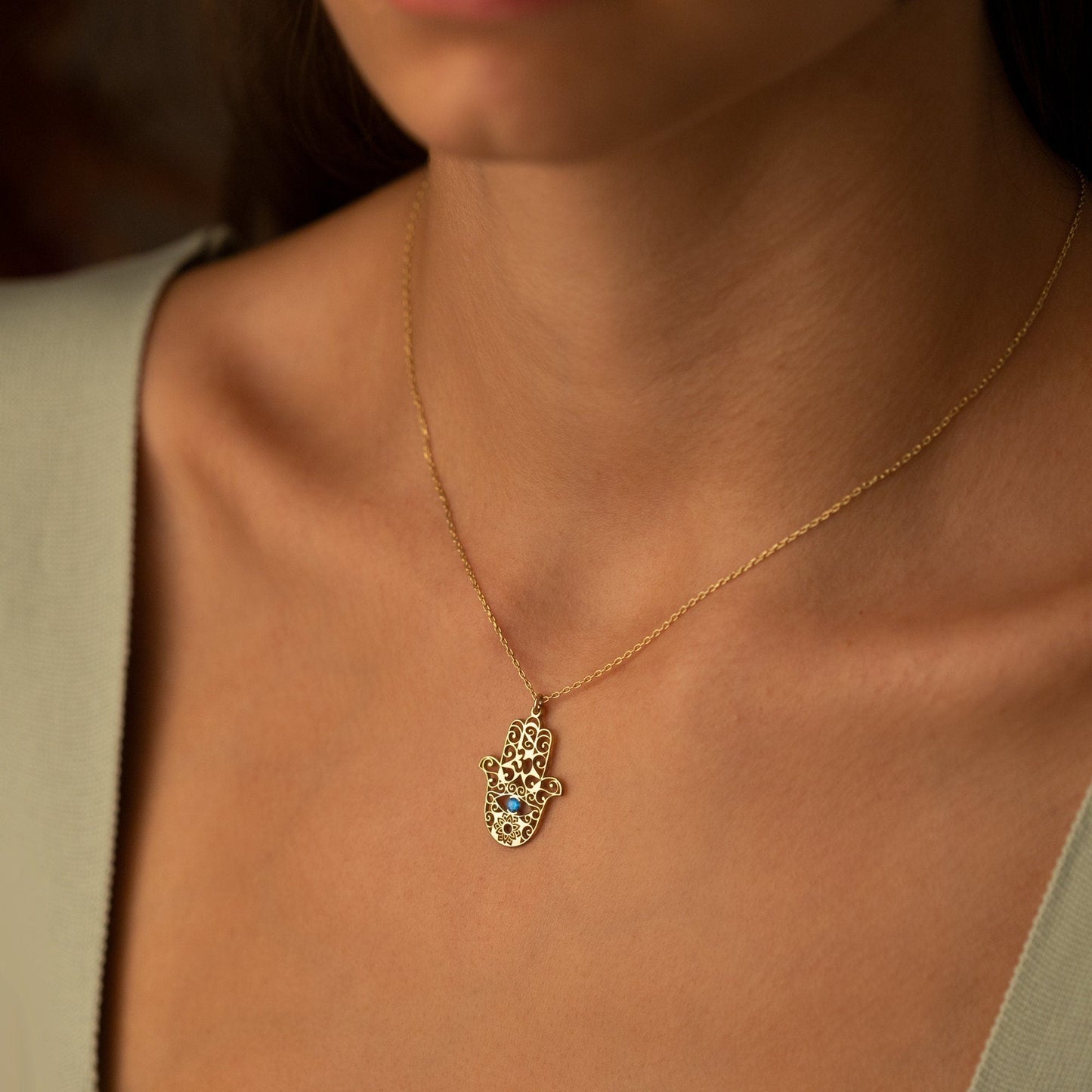 14K Solid Gold Hand of Fatima With Birthstones Necklace