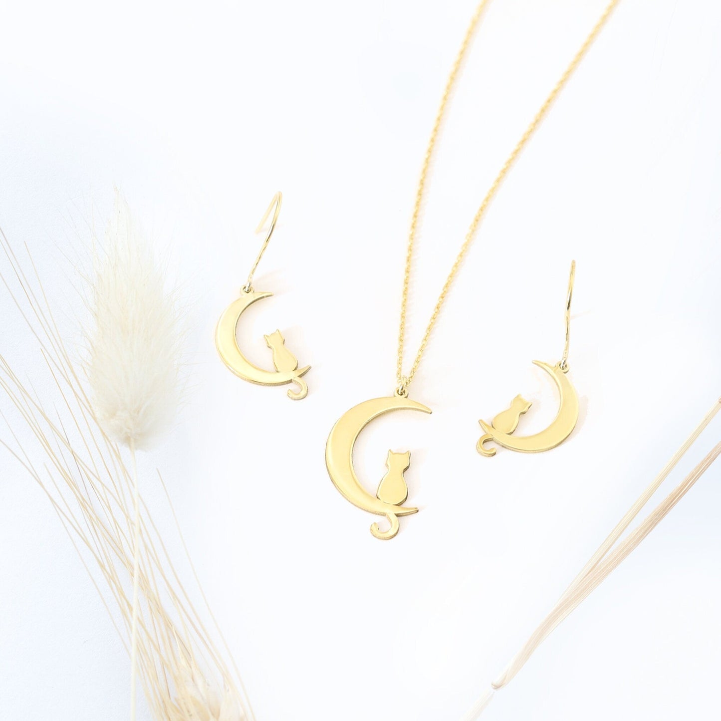 14K Solid Gold Cat Moon Drop Earrings - Cat Jewelry