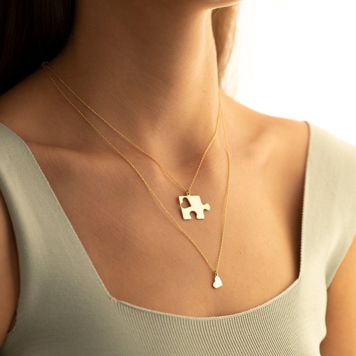 925 Sterling Silver Couple Puzzle and Heart Necklace