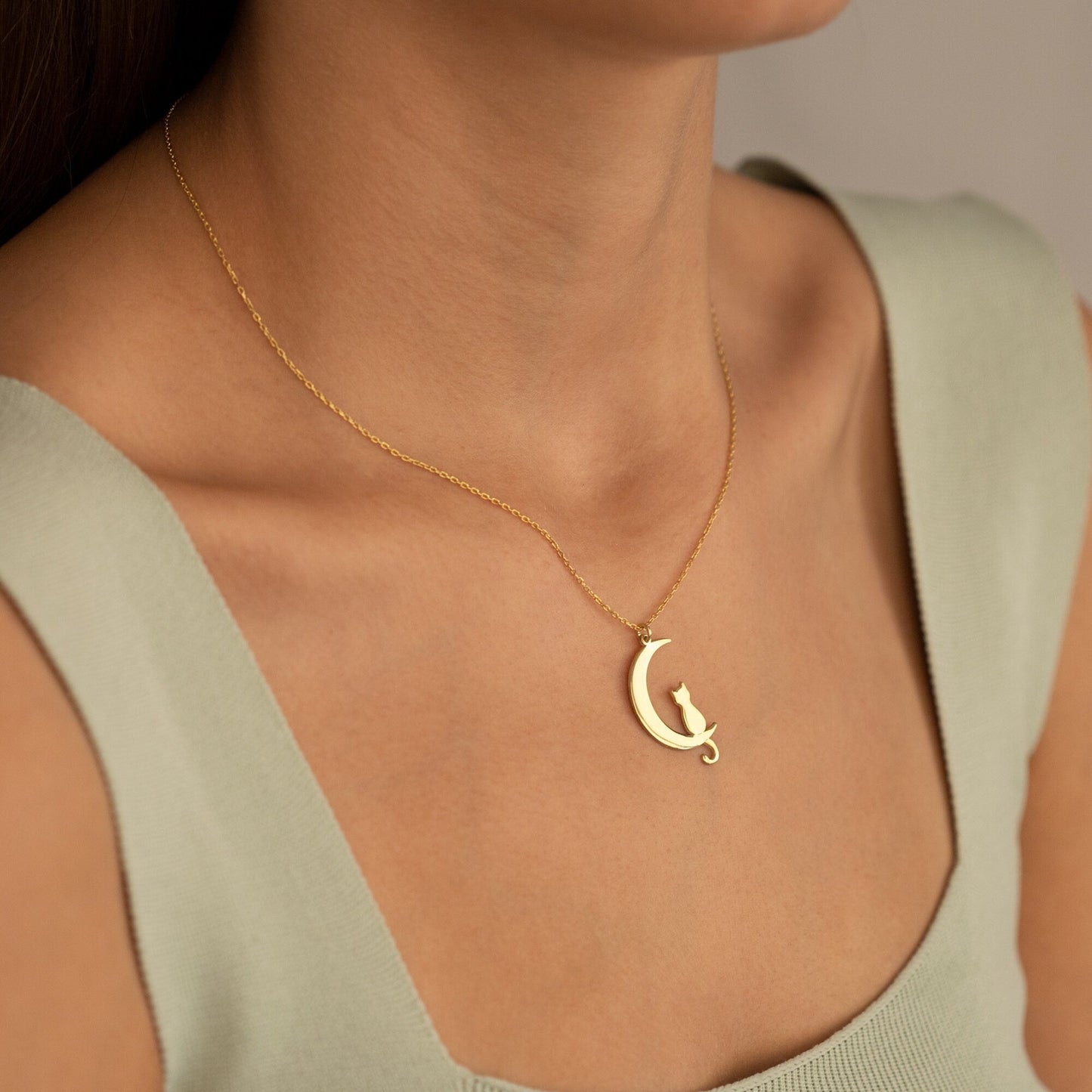 14K Solid Gold Cat Moon Necklace