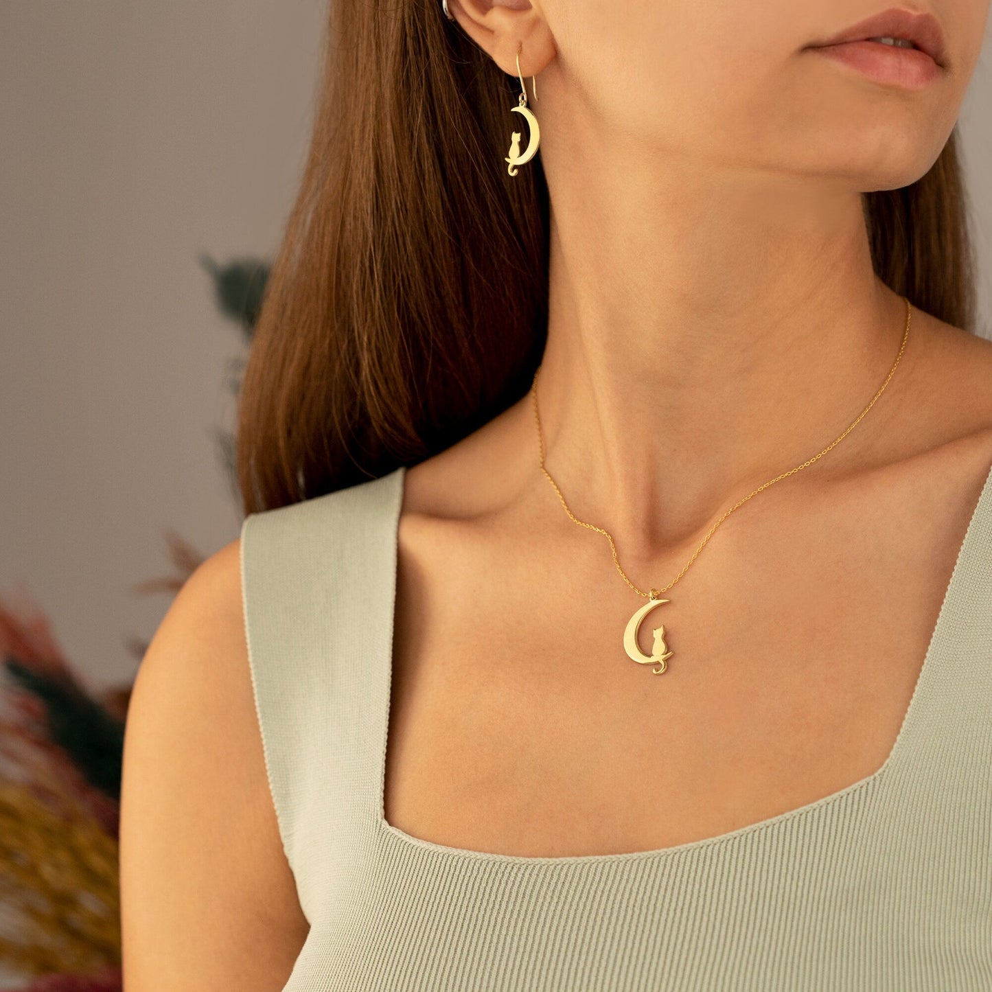 14K Solid Gold Cat Moon Necklace