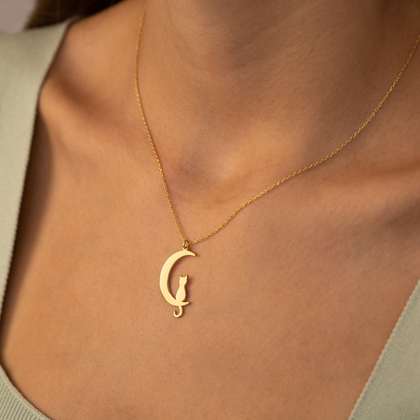 14K Solid Gold Cat Moon Necklace