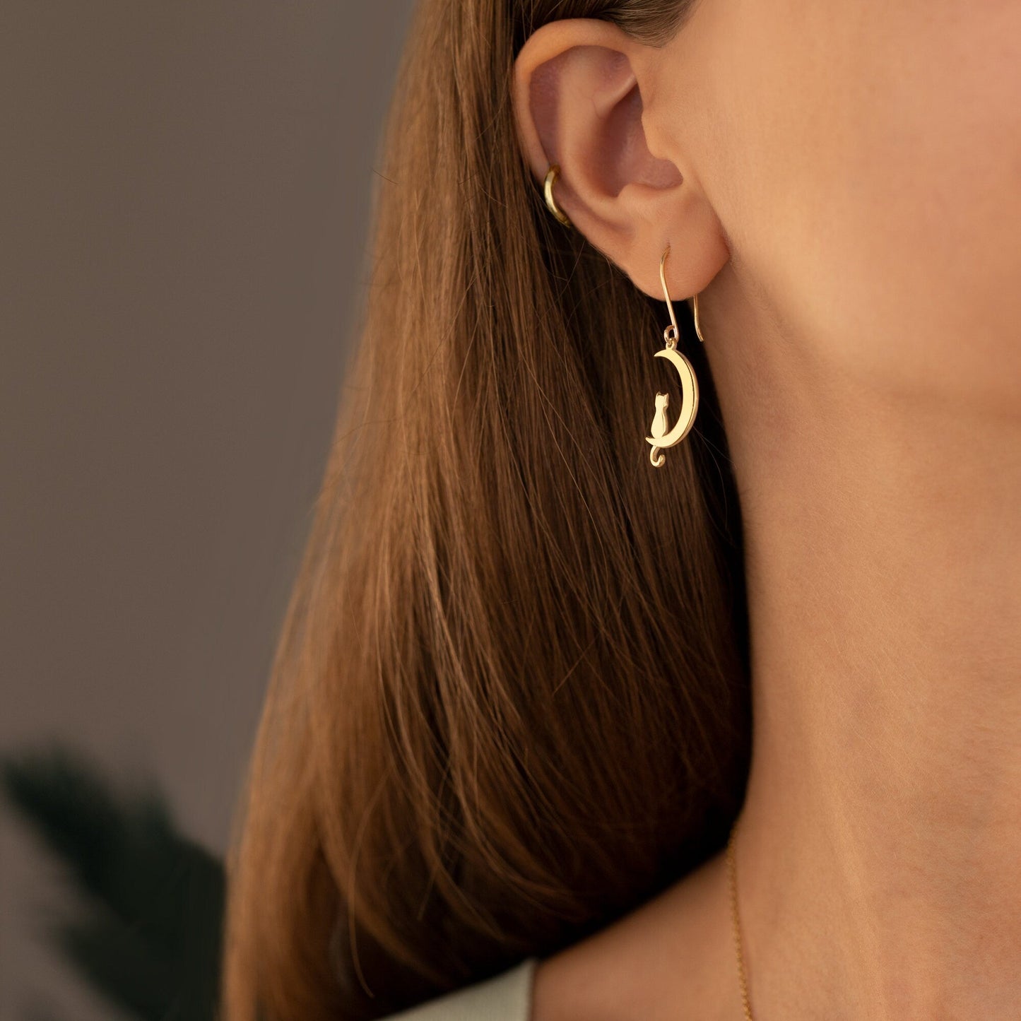 14K Solid Gold Cat Moon Drop Earrings - Cat Jewelry
