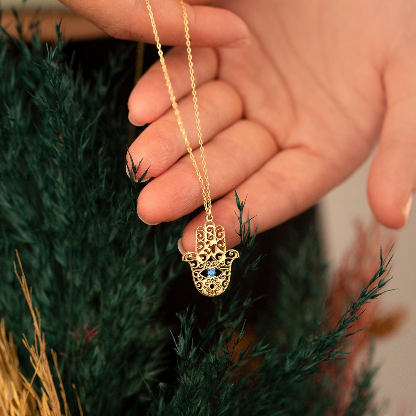14K Solid Gold Hand of Fatima With Birthstones Necklace