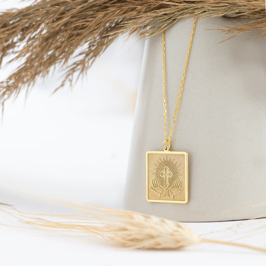 925 Sterling Silver Praying Hands Cross Necklace