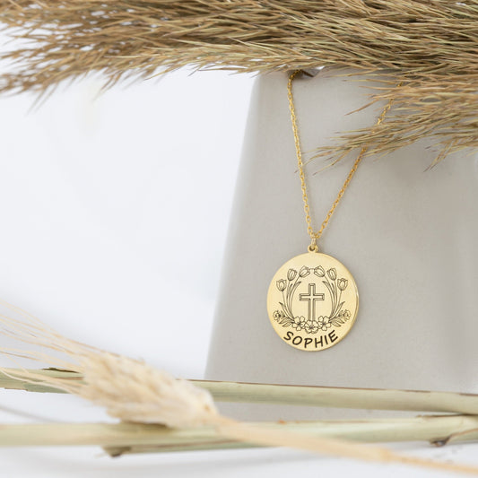 925 Sterling Silver Personalized Cross Name With Flowers Necklace