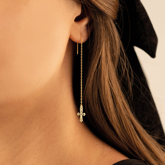 925 Sterling Silver Threader Hollow Cross Dangle Earrings