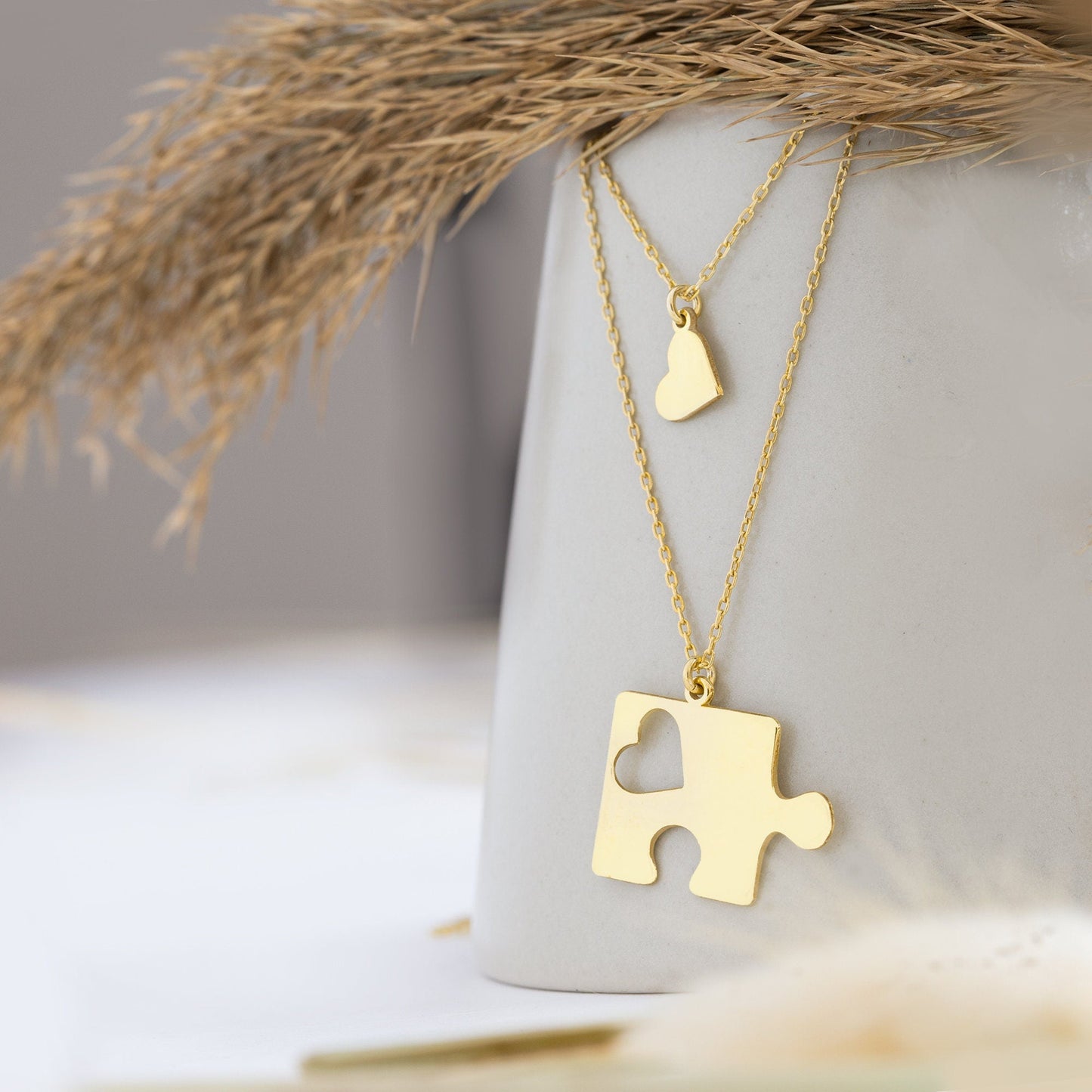 925 Sterling Silver Couple Puzzle and Heart Necklace