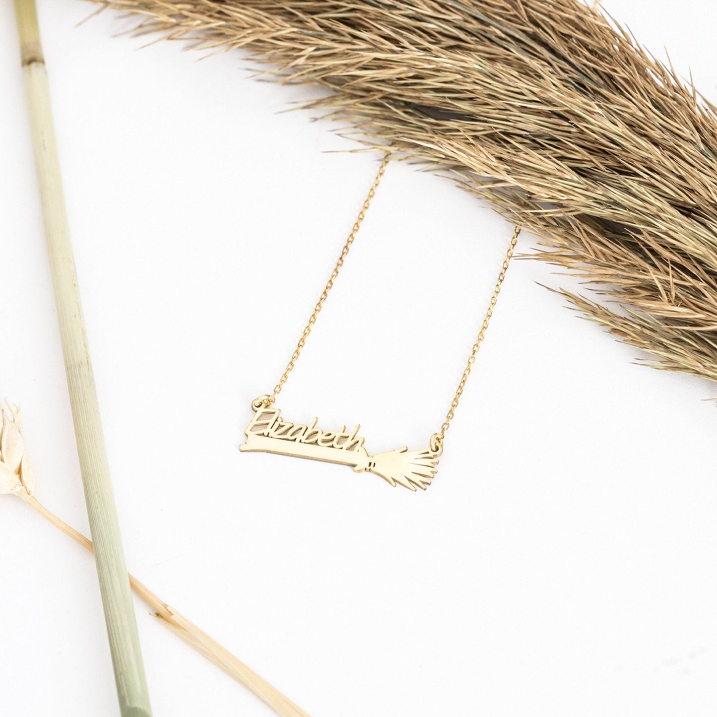 925 Sterling Silver Personalized Name and Broom Necklace