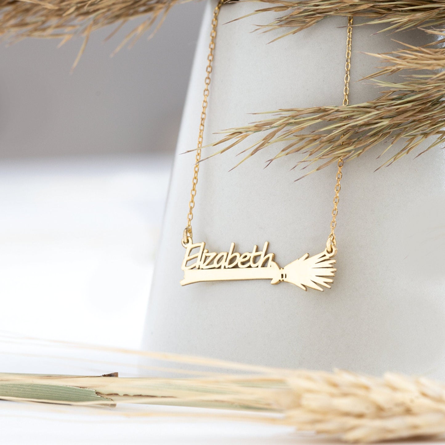 925 Sterling Silver Personalized Name and Broom Necklace