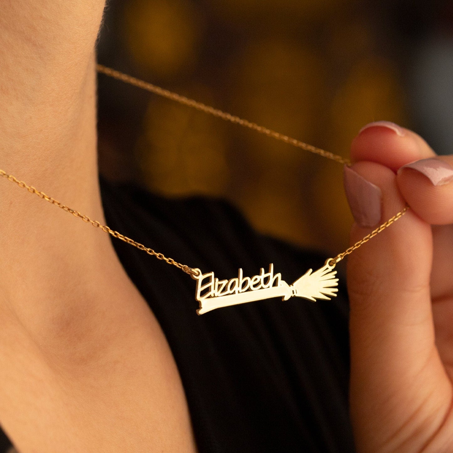 925 Sterling Silver Personalized Name and Broom Necklace