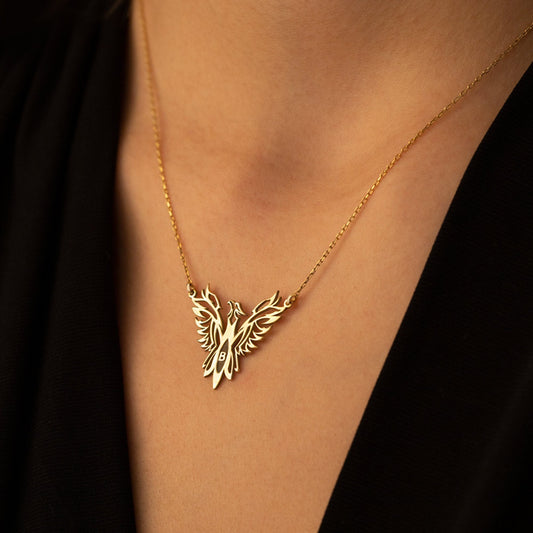 925 Sterling Silver Unique Phoenix and Initial Gold Necklace