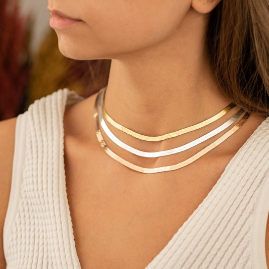 925 Sterling Silver Snake Layered Herringbone Chain Necklace