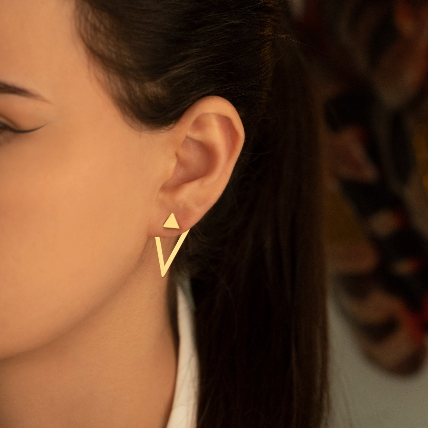 18K Real Gold Ear Jacket Earring - Valentine's Day Gift - 14K Right Triangle Earring - Unique Earring - Double Earring - Geometric Earring