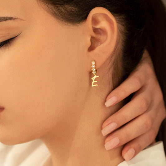 925 Sterling Silver Pave Initial Hoop Earrings