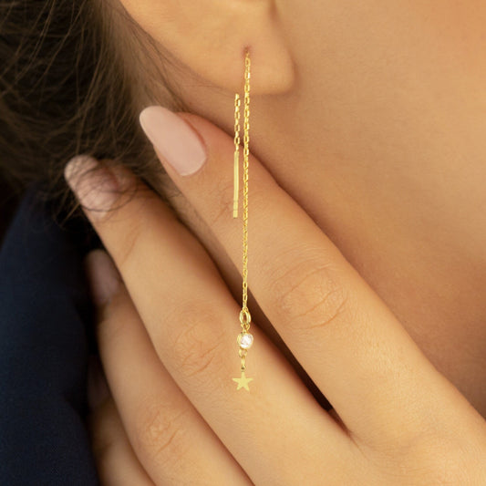 925 Sterling Silver Tiny Star Diamond Threader Earrings